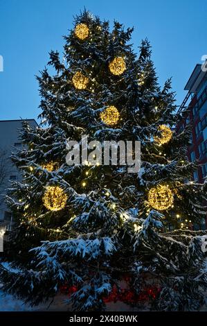Christmas tree outdoors in a small Finnish town in December Stock Photo