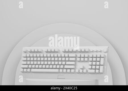 Realistic computer keyboard on cylinder podium with steps on monochrome background. 3d render of display product like streaming gear for cloud gaming Stock Photo