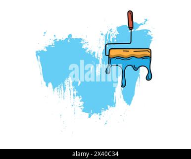 A bright illustration of a roller with strokes of blue paint on a white background. Vector editable design Stock Vector