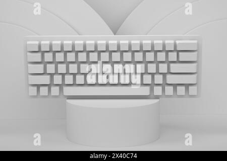 Realistic computer keyboard on cylinder podium with steps on monochrome background. 3d render of display product like streaming gear for cloud gaming Stock Photo
