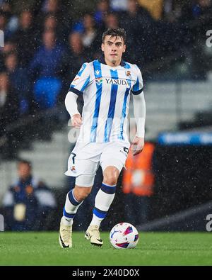 Ander Barrenetxea of Real Sociedad with the ball during the LaLiga EA Sports match between Real Sociedad and Real madrid CF at Reale Arena Stadium on Stock Photo
