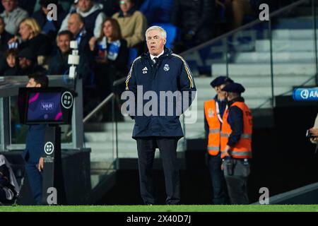 Real Madrid CF head coach Carlo Ancelotti looks on  during the LaLiga EA Sports match between Real Sociedad and Real Madrid CF at Reale Arena Stadium Stock Photo