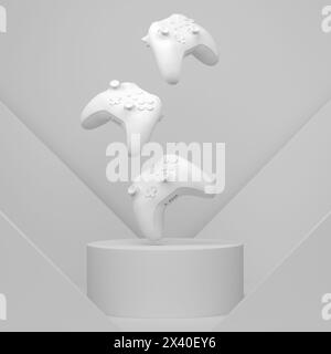 Set of video game joystick on cylinder podium with step on monochrome Stock Photo