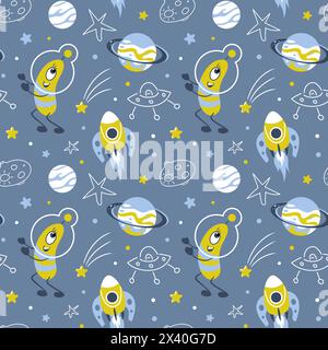 Space trip. Green alien in a spacesuit that looks like plankton or a microbe. Flying saucer, rocket and comets, meteorite and stars. Cute seamless pat Stock Vector