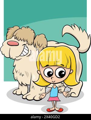 Cartoon illustration of girl with funny big shaggy dog character Stock Vector