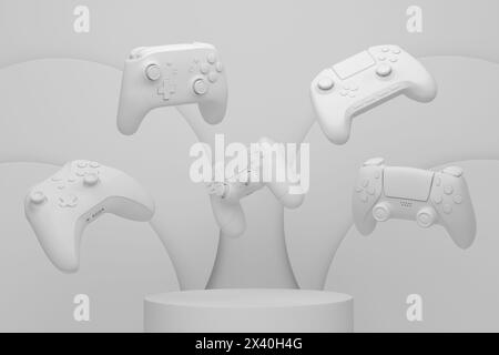 Set of video game joystick on cylinder podium with step on monochrome Stock Photo