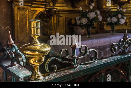 Spain, Rioja, Briones medieval village (Most beautiful village in Spain), church Nuestra Senora de Asumpcion, ironworks (St James way) Stock Photo