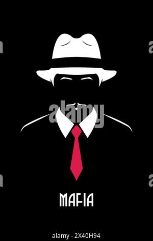 Italian Mafioso. Chicago mobster. Genleman with white fedora hat and red tie. Black and white vector illustration. Stock Vector