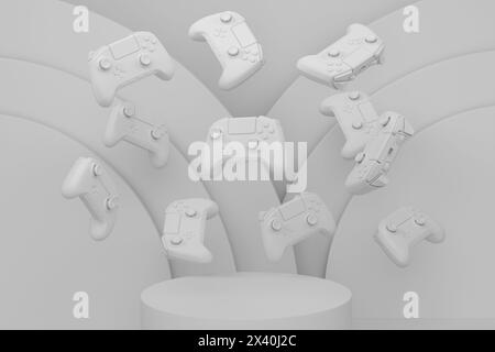 Set of video game joystick on cylinder podium with step on monochrome Stock Photo