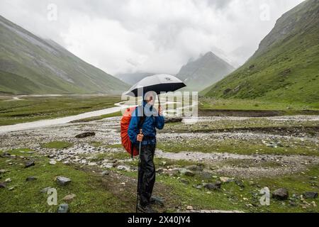 Trekking through the beautiful lush Warwan Valley, Pir Panjal Range, Kashmir, India Stock Photo