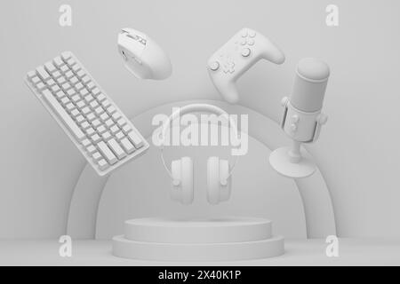 Set of video game joystick, microphone and headphones on monochrome ...