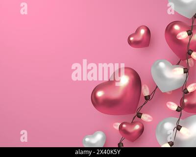 3d metallic hearts with electric garlands on pastel pink background. Decorative love concept for Valentines day or wedding. Vector illustration. Stock Vector