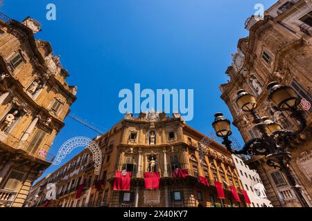 Quattro Canti, officially known as Piazza Vigliena, is a Baroque square in Palermo, region of Sicily, Italy; Sicily, Italy Stock Photo