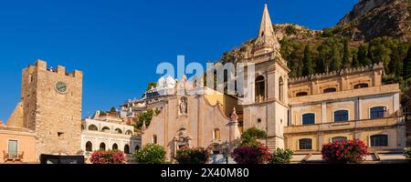 Piazza IX Aprile and San Giuseppe church in Taormina, Sicily, Italy; Taormina, Sicily, Italy Stock Photo