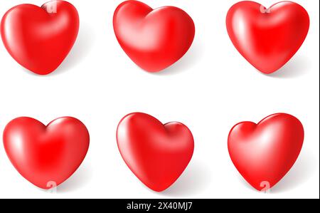 Red 3d hearts. Valentines Day love symbol, happy celebration romantic greeting decoration heart balloons realistic vector sweetheart shapes set Stock Vector