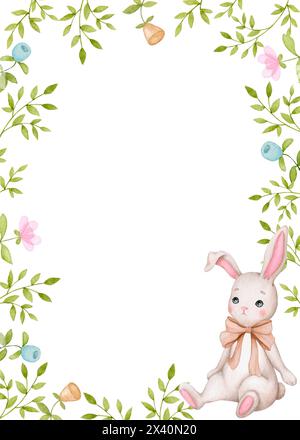 Baby bunny. Boy. Watercolor frame, background for Birthday, gender party, baby shower, children's party. Children's illustration in pastel colors. Ver Stock Photo