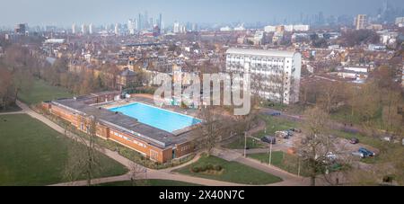 LONDON: Aerial view of London skyline, showing Brockwell Lido and Herne Hill Brixton area of SW London with Nine Elms in the distance. Stock Photo
