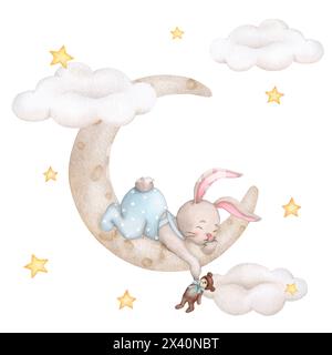 Cute bunny sleeping on the moon. Children's illustration. Hand drawn watercolor. Baby shower, birthday, children's party. Clipart for print, invitatio Stock Photo