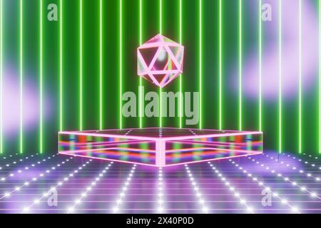 Digital AI technology analysis cube hanging above the podium. 3D rendering Stock Photo