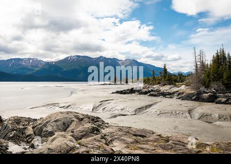 Low tide at Turnagain Arm near Girdwood, Alaska on a sunny day; Alaska, United States of America Stock Photo