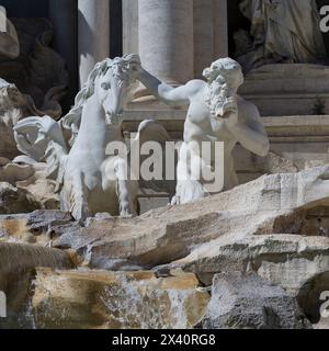 Trevi Fountain detail with a statue of man with conch and mythical horse with wings; Rome, Italy Stock Photo