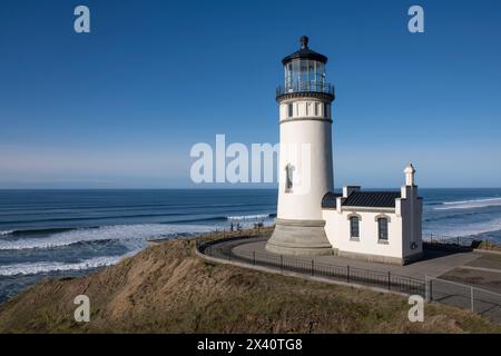 North Head Lighthouse at Cape Disappointment State Park with the Pacific Ocean in the background near the mouth of the Columbia River, Washington S... Stock Photo