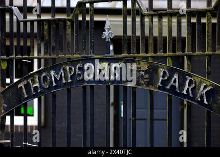 Old wrought iron park gates, Thompson's Park, Cardiff.. Taken April 2024 Stock Photo