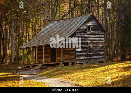 Carter Shields Cabin. Historic House in Cades Cove, Great Smoky Mountains National Park. Townsend, Tennessee, USA. Stock Photo