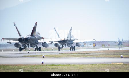 U.S. Marine Corps F/A-18 Hornet aircraft with Marine All-Weather Fighter Attack Squadron (VMFA(AW)) 224, Marine Aircraft Group (MAG) 12, 1st Marine Ai Stock Photo