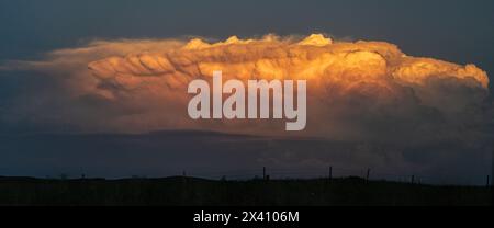 Panoramic image of a sunlit supercell. A large anvil is present in what is a dramatic example of a supercell thunderstorm Stock Photo
