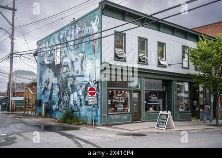 Shop with painted wall mural along the street and clapboard on the sidewalk; Lake of the Woods, Ontario, Canada Stock Photo