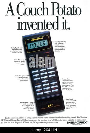 1988 Memorex Universal Remote Control Ad - "A couch potato invented it." Stock Photo