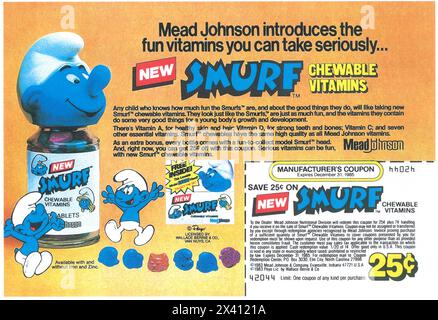 1984 Smurf chewable vitamins ad- Mead Johnson introduces Stock Photo