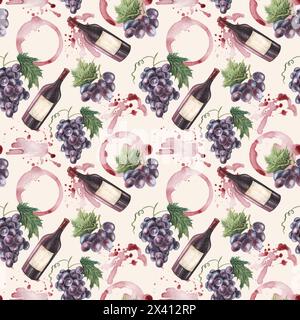 Bright watercolor wine bottle, purple grapes, splashes and stains seamless pattern. Hand drawn illustration. For textile, paper, fabric. Beige backgro Stock Photo