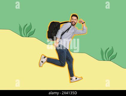 Pop art poster. Man with backpack running on drawn sand, pin up style Stock Photo