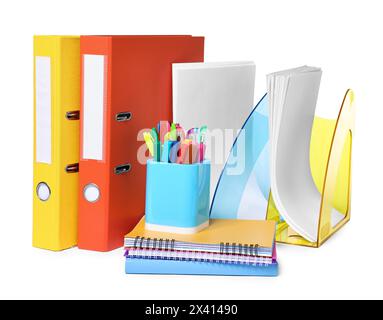 Bright office folders and different stationery isolated on white Stock Photo