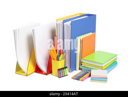 Bright office folders and different stationery isolated on white Stock Photo