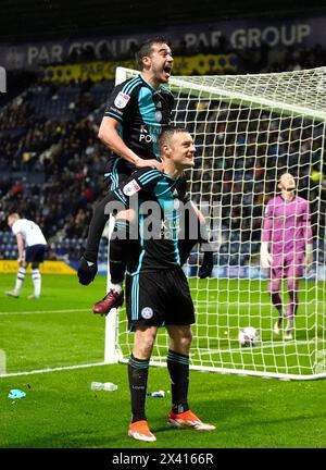 Leicester City's Jamie Vardy celebrates scoring their side's second goal of the game with Harry Winks during the Sky Bet Championship match at Deepdale, Preston. Picture date: Monday April 29, 2024. Stock Photo