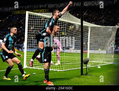 Leicester City's Jamie Vardy celebrates scoring their side's second goal of the game with Harry Winks during the Sky Bet Championship match at Deepdale, Preston. Picture date: Monday April 29, 2024. Stock Photo