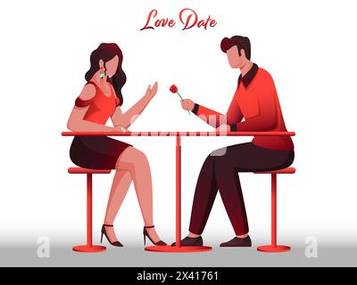 Cartoon Young Man Giving A Rose To His Girlfriend At Restaurant Table For Love Dating Concept. Stock Vector