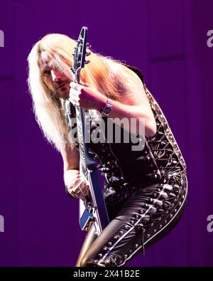 April 28, 2024, Indianapolis, Indiana, USA: Richie Faulkner of Judas Priest performs at the Everwise Amphitheater at White River State Park in Indianapolis on April 28, 2024. (Credit Image: © Lora Olive/ZUMA Press Wire) EDITORIAL USAGE ONLY! Not for Commercial USAGE! Stock Photo