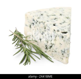 Tasty blue cheese with rosemary isolated on white Stock Photo