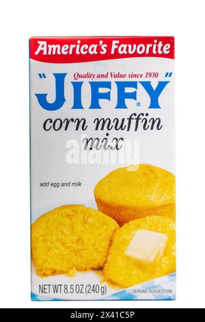 Box of Jiffy Corn Muffin Mix isolated on white background Stock Photo