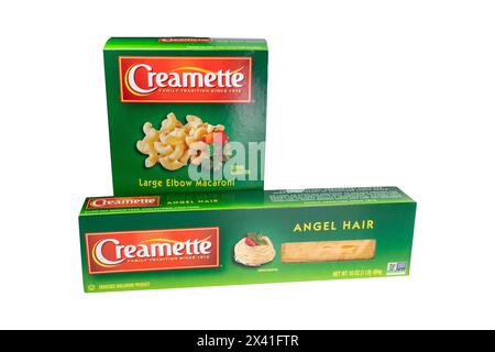 Boxes of Creamette pasta isolated on white background Stock Photo