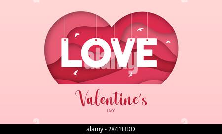 Paper cut over layers with pink hearts and a LOVE message for Valentine's Day greeting cards. Stock Vector