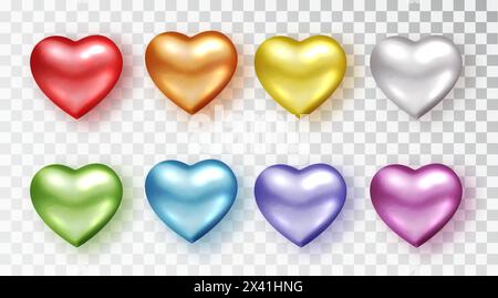 Hearts set of different colors. Realistic decoration 3d object. Set of Romantic Symbol of Love Heart isolated. Vector illustration Stock Vector
