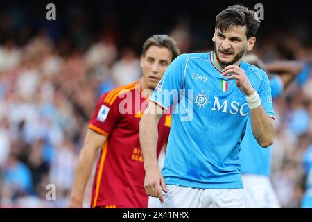 Khvicha Kvaratskhelia of SSC Napoli  dejection during the Serie A football match between SSC Napoli and AS Roma at Diego Armando Maradona stadium in Naples (Italy), April 28th, 2024. Stock Photo