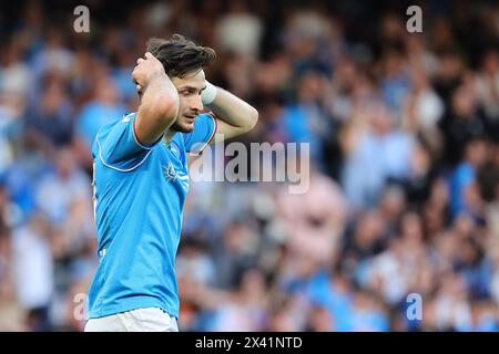 Khvicha Kvaratskhelia of SSC Napoli  dejection during the Serie A football match between SSC Napoli and AS Roma at Diego Armando Maradona stadium in Naples (Italy), April 28th, 2024. Stock Photo