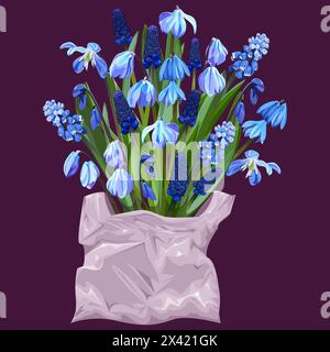 Bouquet of snowdrops and muscari in a bag on a dark background Stock Vector