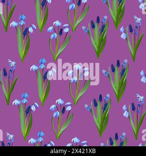 Seamless pattern of snowdrops and muscari on a pink background Stock Vector
